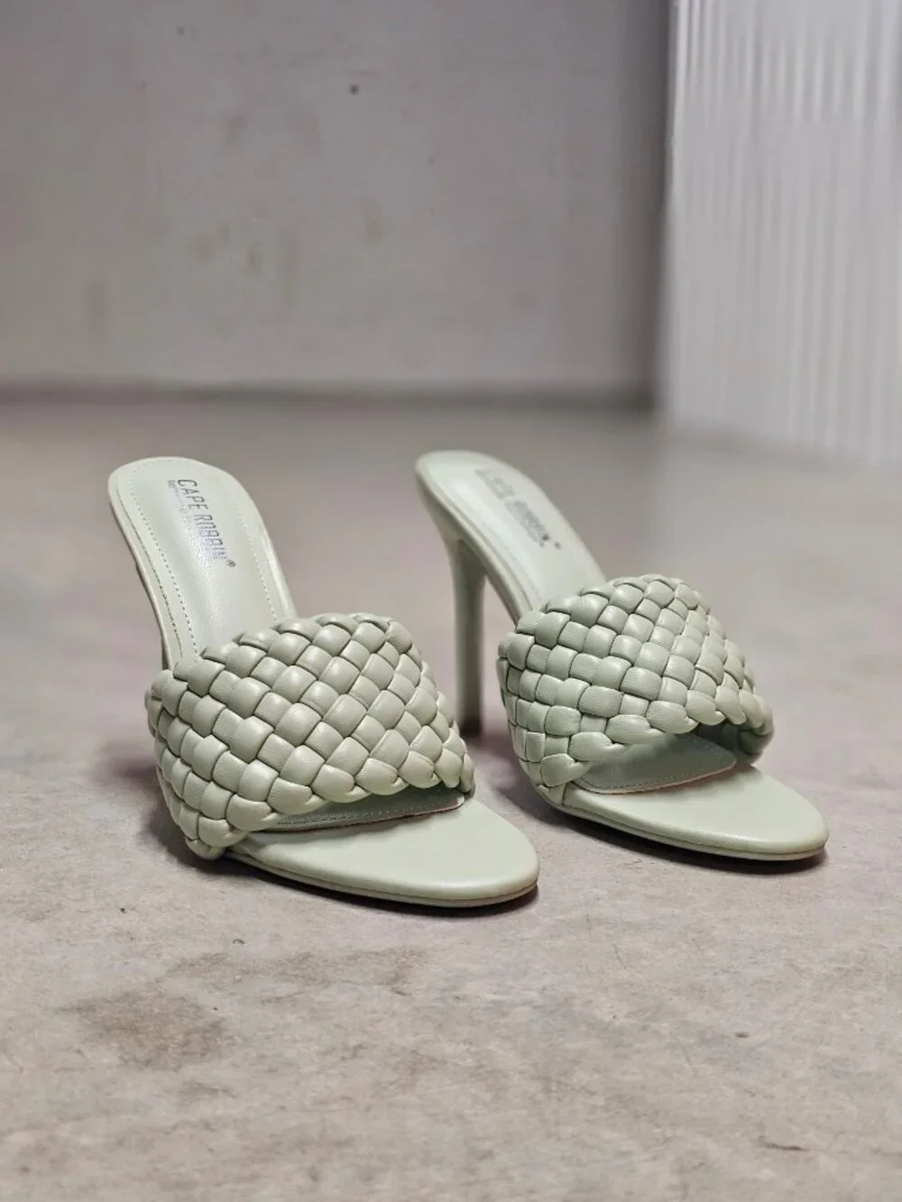 Woven Sage Green High Heel Mules With Padded Straps - Elegant Slip-On Design For
